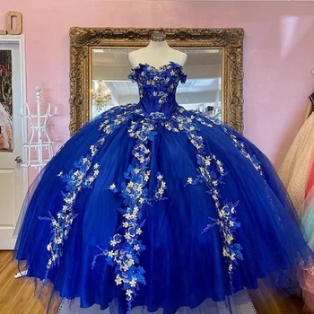 Royal Blue Bumbu Kleita Quinceanera Kleitas 3D Ziedi Meitene Sweet 16 Party Kleitas mežģīnes-up Pie Pleca vestidos de quinceañera