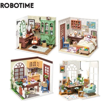Robotime DIY Studio Guļamistaba, Ēdamistaba Māja ar Mēbelēm Bērniem Pieaugušo Leļļu Nams Miniatūra leļļu Namiņš Komplekti Koka Rotaļlietas DGM