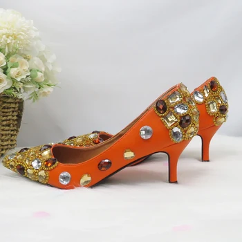 BaoYaFang Oranža Kristāla Luksusa Sievietēm, kāzu kurpes, 6cm/8cm/10cm Norādīja toe Augstas Sūkņi modes dāmas kurpes Sekla Persona Apavi