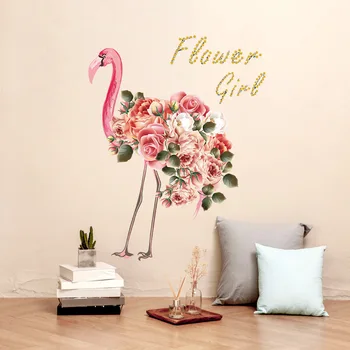 Spilgts Radošs ziedu flamingo guļamistabā, viesistabā, bērnu istabā stikla durvju fona dekoratīvās sienas uzlīmes, home plakāts