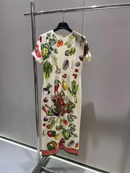2022. gada Vasaras Sieviešu Skrejceļa, Dizaineru, Vintage Print Kleita ar Īsām Piedurknēm Augstas Kvalitātes Karstā Midi Augstas Kvalitātes Kleitas
