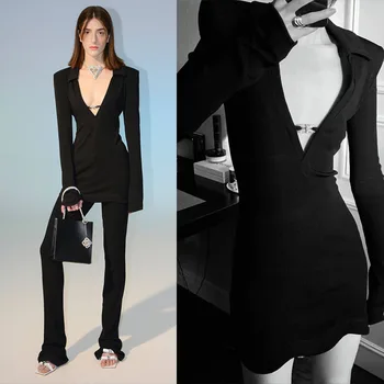 2022. gada pavasarī jaunu stilu viļņotu malu rhinestone bowknot dziļu V atloks plecu spilventiņu slim kleita sieviešu modes sexy vakara kleita
