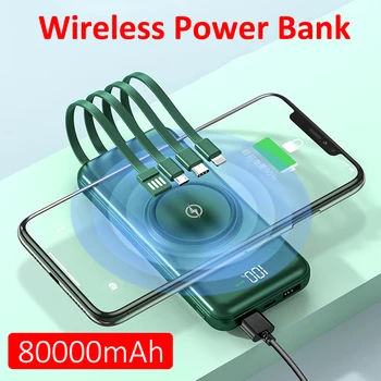 80000mAh Wireless Power Bank PD15w Ātrās Uzlādes Lādētājs Digitālo Displeju Ārējo Akumulatoru, kas Uzcelta Kabeļi 4usb par Xiaomi iphone