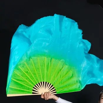 Nekustamo Zīda Plīvurs 1 Pāris Krāsains Yangko Dejas Ventilators Bambusa Ribas Double Sided Aksesuārus Darbības Īss Ventilators Plīvuri Green Blue Slīpums