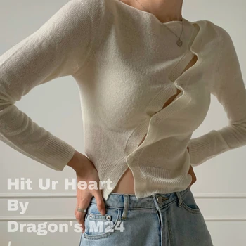 Korejiešu Stilā, Neregulāra Design Balta Adīta Jaka Sieviešu Rudens garām Piedurknēm Zemāko Krekls 2022 Jaunā, Īsā Topi