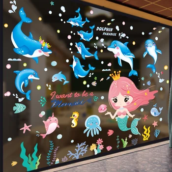 [SHIJUEHEZI] Meitene Sirēna, Sienas Uzlīmes DIY Delfīnu Dzīvniekiem, Sienas Uzlīmes Bērnu Istabas Bērnu Guļamistaba Bērnistaba Mājas Apdare