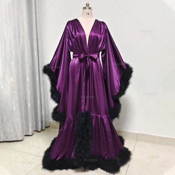Sieviešu Drēbes ar Spalvām Elsojošs Dzemdību Kažokādas Peldmētelis Kāzu Luksusa Līgavas halāti Buduārs Kimono Kleita Nightgowns