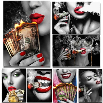 Sarkanas Lūpas, Smēķēšanas Sieviete Sienas, Mākslas Plakātu, Skatīties Attēlu Dedzināšana Dolāru Naudas Kanvas Glezna Viesistabā Mājas Apdare Cuadros