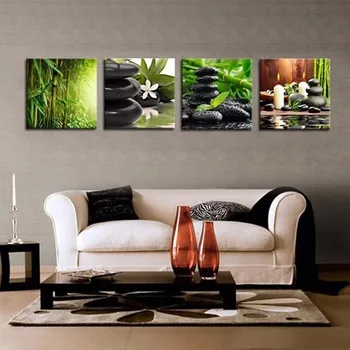 4 Paneļi, Bamboo Green Attēlus Ar SPA Zen Stone Sveces, Ziedu Drukāt Uz Audekla Sienas Māksla Mājas Dekors Dzīvojamā istaba Vannas Istaba