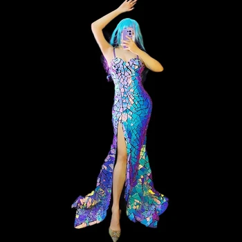 Lāzera Spogulis Vizuļi Sadalīt Garo Kleitu Modes Vakara Puse Sieviešu Dziedātājs, Modelis Catwalk Skatuves Tērpu Bārs Balli Vilkt Karalienes Kostīms