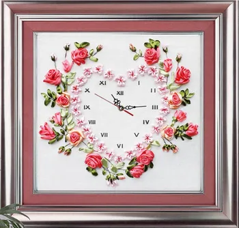 Rožu ziedu sirds Lentes izšūšanas Romiešu cipariem pulkstenis skatīties handcraft krustdūrienā DIY roku darbs, rokdarbi mākslas dekoru, dāvanu