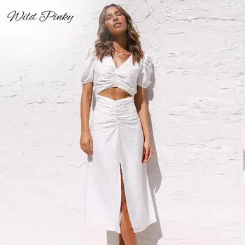 WildPinky Sexy Dobi No Sievietēm, Kas Vasarā Pleds Holiday Beach Midi Kleitu 2022 Jaunu Modes Cietā Baltā Splita Sundress Vestidos