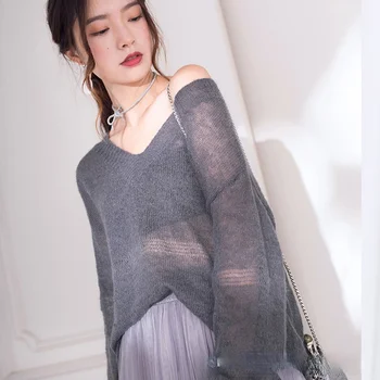 Sieviešu Apģērbu Mohēra Sexy V-Neck Dobi Adīt Lielgabarīta Džemperis Džemperis Rudens Zaļās Modes Korejas Harajuku Vintage Džemperis