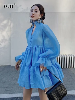 VGH korejas Modes Raibs Bowknot Kleita Sieviešu V Kakla garām Piedurknēm Cietā Gadījuma Zaudēt Mini Kleitas, Sieviešu 2021 Apģērbu Jaunas