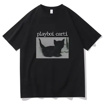 Playboi Carti Lielgabarīta Hip-Hop T Krekli Gudrs Kaķis Print T-krekls Harajuku Drukāt Tee Regulāri Mens Topi Kvalitātes Vīriešu 2pac Rap Tshirt