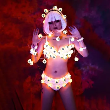 LED Gaismas Kostīmu Terora Kvēlojošas Acis Bikini Komplekts Halloween Puse Rave Parādīt Sniegumu Drēbes, Naktsklubu, DJ, Dejotājas Kostīms