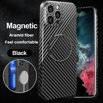 Oglekļa Šķiedras Tekstūru Salaist Bezvadu Lādēšanas Par Magsafe Magnētisko Lietā Par iPhone 11 13 12 Mini Pro, Max Grūti PC Case Cover Capa
