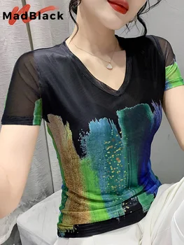 MadBlack Vasaras Eiropas Drēbes Plānas T-Krekls Elegantu V-Kakla Drukāt Acu Krāsa Pretbloķēšanas Topi ar Īsām Piedurknēm 2022 Jaunu Tees T26003L