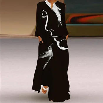 2022 Jaunu Kleitu Pavasara Vasaras Maxi Kleita Sievietēm, Elegants ar garām Piedurknēm Gadījuma Zaudēt 3D Drukas Kleitas Sieviete Puse V Kakla Sieviešu Kleita
