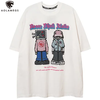 Aolamegs Vīriešiem Vaporwave Karikatūra Robots Print T-krekls Vīriešiem Mājīgu High Street Koledžas Stila t-veida Topi Pāris Harajuku Gadījuma Streetwear