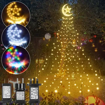 8 Režīmi, Taimeris 350 LED Ūdenskritums Ziemassvētku Eglītes Gaismas ar Cilindrs Moon Star Āra Pasaku String Gaismas Atmiņas Vainags Apgaismojums