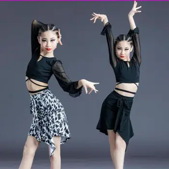 Meitenes Leopards Drukāt Latīņu Balles Deju Konkurss Tērpu Acs Bērniem Black Salsas Mūsdienu Latīņu Prakses Dancewear Kleita