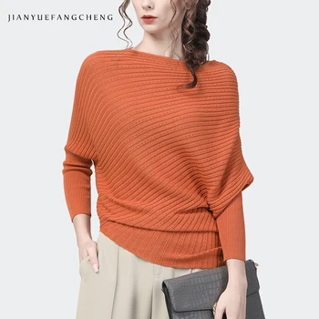 Modes Slash Kakla Oranžas Svītras Trikotāžas Džemperis Sievietēm Nelegālo Plats Piedurknēm Kokvilnas Topi 2022 Rudens Ziemas Jauno Puloveri