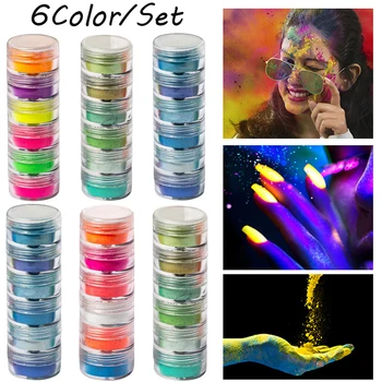6Pcs/Set Neona Pigmenta Nagu Pulveris Putekļu Ombre Nagu Spīdums Luminiscences Pulveris Nagu lakas Pigments UV Gēla Simfoniskais Nagu Dekorēšanai