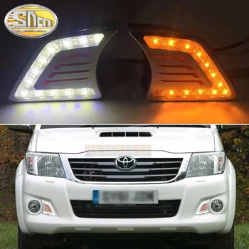 2GAB LED Dienas Gaismas lukturi Toyota Hilux Vigo 2012 - 2014 Dzeltenu Signālu Releja Auto 12V LED dienas gaitas lukturi Miglas Lukturi Apdare