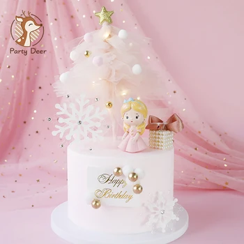 Rozā Ziemassvētku Dzijas Koku Sniega Uzvalks Meitene Princese Rotājumi Kūka Toppers Bērnu Puses Piederumi Cepšanai Jauki Dāvanas