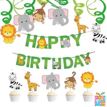 Džungļu Safari Cupcake Cilindrs Happy Birthday Banner Dzīvnieku Kūka Karogi, Dzimšanas Dienas Svinības Rotājumus Bērniem Zēns Dod Priekšroku Piegādēm
