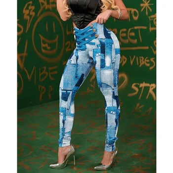 Džinsa Izskatās Drukāt Augstā Vidukļa Butt Lift Izdilis Bikses Sieviešu Vintage Modes Pārsējs Pogu Slim Fit Bodycon Garās Bikses