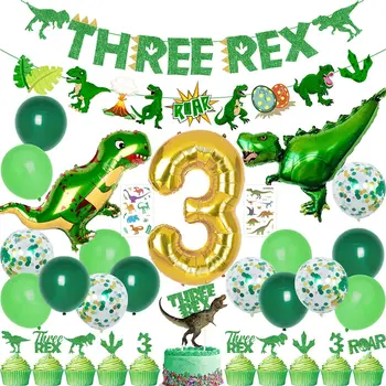 Dinozauru 3. Dzimšanas dienas Rotājumi Trīs Rex Banner Cupcake Toppers, Dinozaurs Baloni,Pagaidu Tetovējumiem Zēniem Meitenes Dzimšanas diena