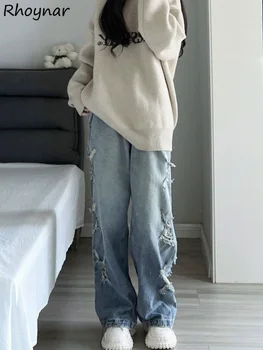 Džinsi Sievietēm Caurumu Stilīgs Dizains Pavasara Pamata Minimālisma Retro Džinsa Visu maču korejiešu Stilā Karstā Pārdošanas Baggy Streetwear Augsto Vidukli