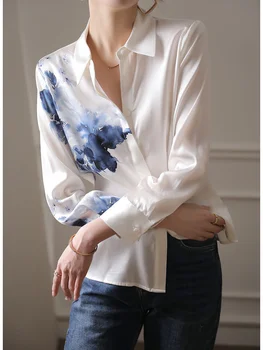 Pavasarī, Vasarā Jaunu Vintage Tintes Drukas Šifona Kreklu Savukārt Apkakle ar garām Piedurknēm Satīna Blūze Sieviešu korejiešu Stilā Ikdienas Krekls