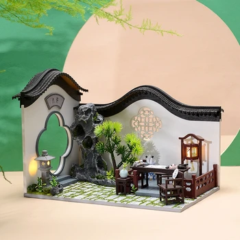 Ķīnas Pagalma DIY Koka Namiņš Komplekts Samontēti Miniatūras ar Rockery Šaha 3D Leļļu Nams Rotaļlietas Bērniem Pieaugušo Dāvanas