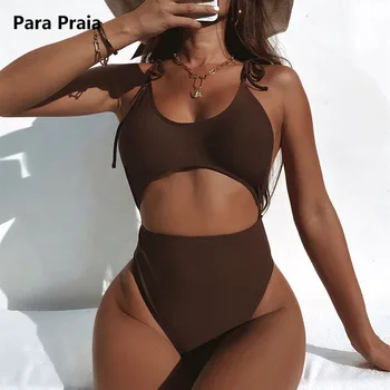 Para Praia 2022 Sexy Izgriezt Backless Sieviešu Peldkostīmi Viens Gabals Peldkostīms Sieviešu Cietā Augstu Kāju Cut Polsterēta Bather Peldkostīms