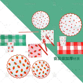 Papīra plates ķiršu piknika puses vienreizējās lietošanas trauku komplekts color papīra kausa papīra dvielis, galdauts neto sarkanās zemeņu kūka plate