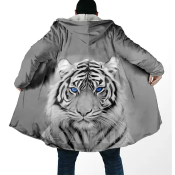 King Tiger Skin/Lion / / Dzimtā Vilku Mēteli Mētelis 3D Iespiestas Biezas Siltu Kapuci Apmetnis Vīriešiem, Pretvēja Vilnas Unisex Gadījuma-1