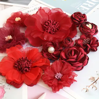 10PCS/Daudz Sarkanu Sērijas Rožu Camellia Šifona Auduma Ziedu Kāzu Ielūgums Mākslīgo Ziedu Kleitu Apdare