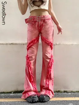 Sweetown Sarkano Jostu Mazgāt ar Zemu Vidukļa Y2K Uzliesmoja Džinsi Sieviete Grunge Noskumuši Džinsa Bikses Vintage Gadījuma Streetwear Bikses 90s