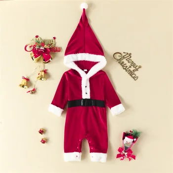 Jaundzimušais Meitene Ziemassvētku Zīdaiņu Kombinezonus Zēns Santa Samta Kapuci Jumpsuit Playsuit Rudenī, Ziemas Apģērbs, Apģērbu