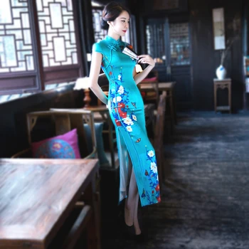 Sieviešu Jauns Mākslīgās Zīda Dubultā Slāņa Cheongsam Garās Kleitas Royal Blue Slim Ķīna Shanghai Qipao 4XL Plus Lieluma Austrumu Kleita