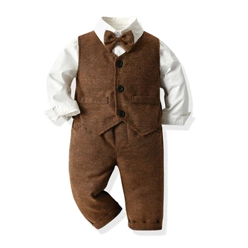 Tem Doger Zēnu Apģērba Komplekts Džentlmenis Kokvilnas garām Piedurknēm Bowtie Krekls+Veste+Bikses 3Pcs atbilstoši Bērniem Zēns Ikdienas Apģērbu Komplekts