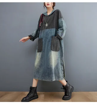 2022. gada Rudenī Jaunu Sweet Retro Kontrasta Krāsu Kapuci Džinsa Midi Kleitas, Sieviešu garām Piedurknēm Viens Gabals korejiešu Kleita Drēbes, Sieviešu