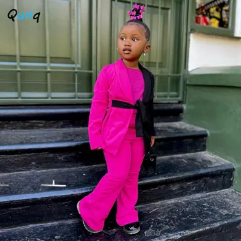Qunq 2022 Rudens Modes Jaunās Meitenes ar garām Piedurknēm Uzvalks Jaka Raibs Saistās Top + Bikses 2 Gabali Iestatīt Ikdienas Bērnu Apģērbu Vecuma 3T-8T