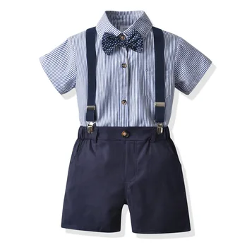 Ar Īsām Piedurknēm Bērniem Drēbes Kokvilnas Boys Blue Striped Set Savukārt-Uz Leju Krekls + Navy Bikses + Josta 4 Gabaliem Bērnu Kostīms 2 - 6 Gadus