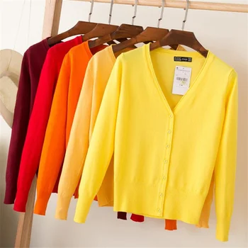 24 Krāsas trikotāžas jakas pavasara rudens jaka sievietēm gadījuma garām piedurknēm topi, V kakla cieto sieviešu džemperis mētelis 2022 harajuku