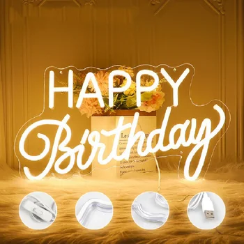 Happy Birthday LED Neona Zīme Iekštelpu Sienas Gaismas Pusi, Kāzu Salons Logu, Restorānā, Dzimšanas dienas Apdare Silti Balta