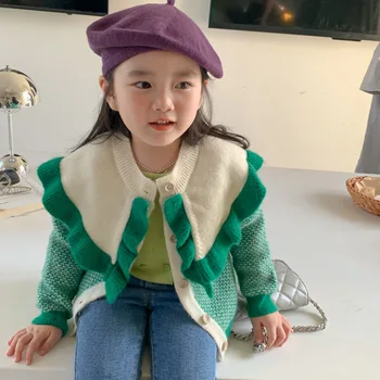 2022 Korejas Cute Meitenes Džemperi Viena Krūts Bērniem Trikotāža Savirmot Apkakli Meitenēm Jakas Adīt Jaciņa Bērniem Jakas Meitenēm